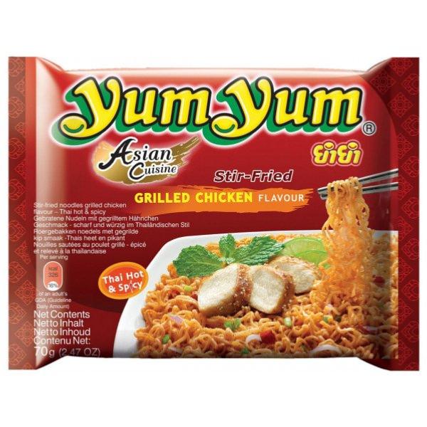 Yum Yum, nouilles instantanées au poulet grillé et épicé (3X60g) 1.99 euros.