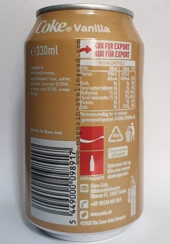 Coca cola vanille, canette, 24x33cl. 17,99 euros.